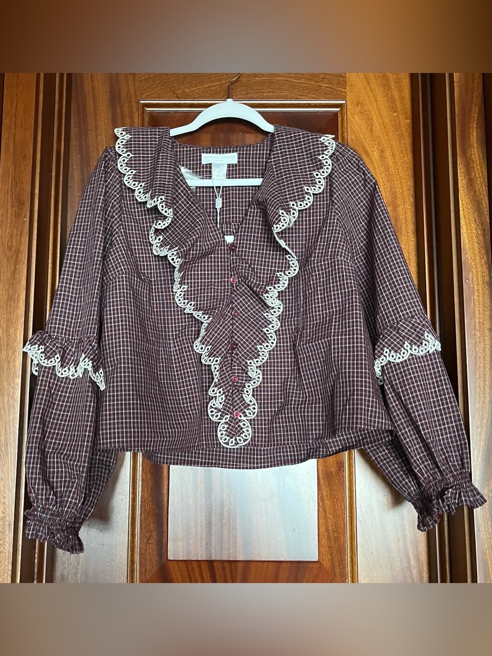 Caroline Constas Burgundy Brown Gingham Plaid Embroidered Shirt Blouse Sleeves
